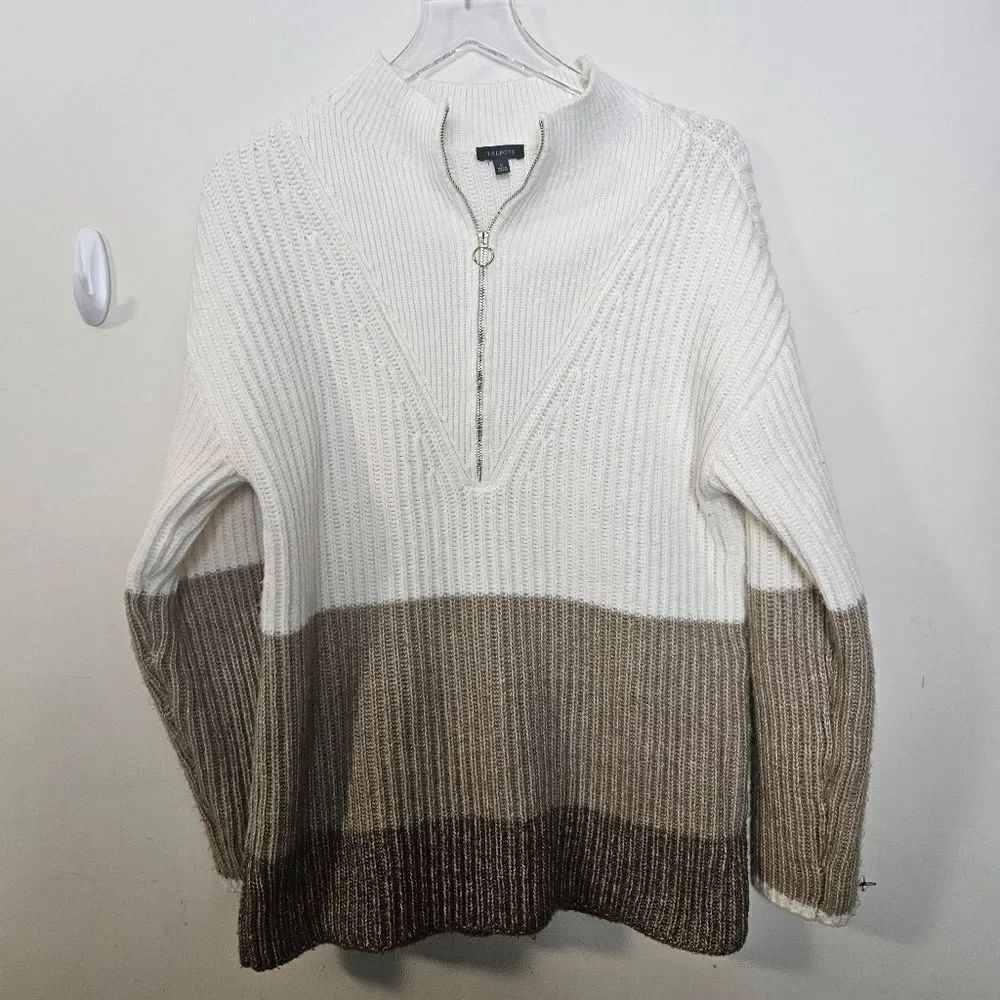 Talbots Chunky Knit 1/4 Zip Sweater Colorblock White Tan Large